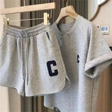 GETADME ﻿ 2 Piece Set Women Summer Loose Short Sleeve T-Shirt Casual Shorts Sports Print Letter Casual Suit Large Size Short Pajamas
