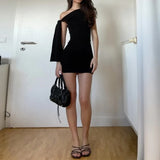 GETADME 2025 Sexy Summer Sleeveless Diagonal Shoulder Black Mini Dress Women Lace Up Bodycon Party Nightclub Vestidos
