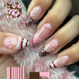 GETADME 24pcs Spring Day Sweet False Nails Cute Pink Flower Star Pearl Designs Press On Nails Stripes French Style Almond Fake Nail