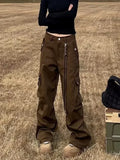 GETADME 2026 Ropa Y2K Streetwear Multi Pockets Brown Baggy Cargo Jeans Pants For Women Clothes Straight Cotton Hip Hop New Lady Trousers