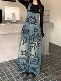 GETADME 2026American Retro Y2K Style Graffiti Printed Baggy Women's Jeans Strap Jumpsuits Pants Woman Clothing Blue Overalls Trousers