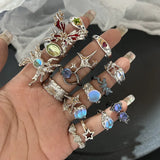 Getadme Y2K 1 Crystal Rings Kpop Heart Adjustable Ring Irregular Geometry Punk Vintage Rings Set for Women Girls New Fashion Jewelry