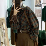 Getadme Vintage Plaid Shirt Women Harajuku Retro Long Sleeve Oversized Blouse Korean Streetwear Turn Down Collar Loose Casual Tops
