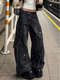 GETADME 2025 Punk Style Y2K Streetwear Washed Black Baggy Cargo Jeans Pants For Women Designer Clothes Wide Leg Lady Trousers Ropa Mujer