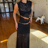 Getadme 섹시 여성 패션 레이스 시스루 투피스 세트 중공 불규칙한 시스루 크롭 탑 및 하이웨이스트 스커트 클럽웨어