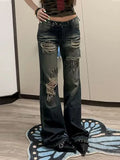 GETADME American style spicy girl design with rivet splicing jeans, women new retro distressed distressed floor length pants