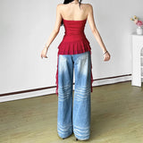 GETADME 2025 Summer Women's Fashion Off Shoulder Slim Fit Tassel Ruffle Strapless Solid Color All-match Tank Top Streetwear Sexy Vests