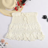 GETADME Handmade Crochet Hollow Out Swimwear Cover Up Solid Color Drawstring Short Skirt Women Holiday Knitting Sweet Beachwear