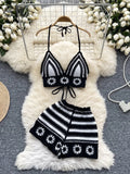 GETADME Beach Vacation Knit 2pcs Suits Women Halter Sleeveless Lace Up Camis+Elastic Waist Shorts Hook Flower Hollow 2pcs Set