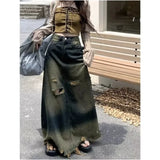 GETADME American Style Vintage Washable Fringed Denim Skirt For Women Trendy Long A- line Flared Hemline Distressed