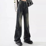 GETADME 여성 하이웨이스트 한국 레트로 슬랙스 와이드 레그 청바지 여자 그런지 스트리트웨어 데님 스트레이트 레그 팬츠 여성 쿨 그레이 바지