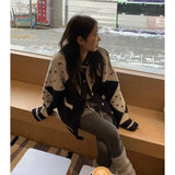 GETADME Vintage Print Knitted Cardigan Women Harajuku Patchwork Sweater Outerwears Korean Long Sleeve Knitwears Winter Casual Jumpers