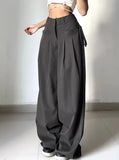GETADME Women's Black High Waist Wide Leg Suit Pants Pleated Front Side Tie Detail Loose Fit Casual Streetwear Spring Summer Trousers