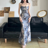 GETADME Fashion Butterfly Print Dress Summer Women Preppy Style Sexy Low Chest Sleeveless Strap Dresses Clubwear Elegant Lady Maxi Dress