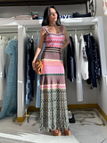 GETADME Patchwork Contrast Knitted Women' Dresses Square Collar Backless Sleeveless Bohemian Long Dress Female  Summer Lady Beach Robes