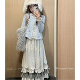 GETADME Women Sweet Vintage Mori Girl Style High Waist Splicing Plaid Long Skirt Winter New Korean Fashion Beige Lace Kawaii Maxi Skirts