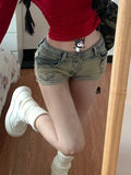 GETADME 여성 갸루진 아메리칸 스타일 핫 팬츠 펑크 반바지 하이 스트리트 데님 섹시 반바지 빈티지 로우 웨이스트 타이트 바디콘 Y2K