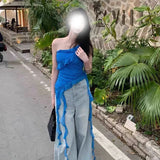GETADME Blue Irregular Shoulder Strapless Top Women's Summer Korean Style Hot Girl Slim Fit Beautiful Top Commute Style Outerwear