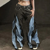 GETADME American Y2K Street Color Stitching Washed Jeans Female Y2K Harajuku Hip Hop Popular Baggy Slim Spice Girl Wide-leg Mop Pants