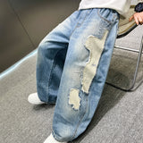 GETADME New Boys Spring Autumn Jeans Trendy Brand Fashion Patchwork Design Straight Loose Wide Leg Denim Pants for Middle Large Children