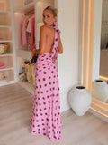GETADME Pink Chiffon Polka Dot Printing Halter Maxi Dress Women Elegant Sleeveless Backless Skinny Pleated Robe Beach Evening Party Gown
