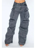 Getadme Solid Color Multi-pocket Loose Jeans Women High Street Retro Hip-hop Wide-leg Pants Casual Straight High-waisted Jeans Women New