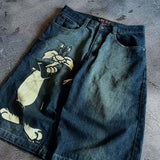 GETADME Harajuku American Retro Comic Character Cat Pattern Short Jeans Women's Summer Street Pop Hip-hop Rap Unisex High Quality Jeans