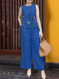 GETADME Women Fashion Sleeveless Embroidery Blouse Pants Sets 2PCS ZANZEA Summer Tracksuit Bohemian Holiday Trousers Suits Outfits 2025