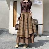 GETADME Vintage Plaid Woolen Midi Skirt Women Japanese Harajuku Patchwork Asymmetrical Skirts Winter Korean Casual Design A Line Faldas