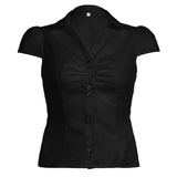 GETADME Women Summer Kawaii Solid Shirring Button Up Turn Down Collar Short Sleeve White Shirts Ladies Office Casual Summer Clothes