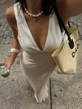GETADME Bornladies Women's 2026 Summer New V-Neck Cami Dress Elegant Fitted Waist Back Lace-Up Sleeveless Maxi Dress