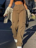 GETADME Women's Plain High Waist Cargo Pants, Street Fashion Casual Pocket Button Trousers for Daily Wear, Ladies Bottoms for All Season