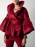 GETADME Casual Puff Long Sleeve Ruffles Blouse Office Lady Solid Color Women Wrap Shirts Lapel Collar Elegant Shirt Woman Fashion Female