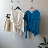 Getadme - T-shirt femme 100% coton, élégant, manches courtes, manches longues, coupe ample, uni, design coréen, haut décontracté pour femme, neuf