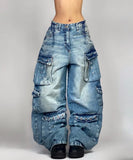 GETADME American New Fashion Blue Washed Loose Tooling Jeans Women Y2K Gothic Hip Hop Popular Casual Joker Wide Leg Straight Pants