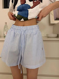 GETADME Y2k Striped Shorts for Women Harajuku Blue Baggy Elastic Waist Short Pants Korean Style Casual Fashion Retro Shorts