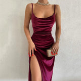 GETADME Velvet Swing Collar Sleeveless Slip Sexy Slit Maxi Dress 2025 New Fashion Evening Party Women Elegant Streetwear Y2K