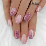 GETADME 24Pcs Short Square Coffin False Nails Square Fake Nails with Glue French Glitter Wearable Acrylic Nails Set Press on Nail Tips