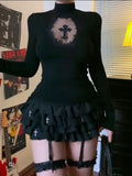GETADME Turtleneck Top Y2k Clothes Black Gothic Cross Hollow Slimming Bottom T Shirt for Women Long Sleeve Sexy T-shirt Girls Tops