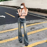 GETADME Vintage Fringe Bell Bottom Jeans Women's Slimming Low Waist Summer Petite Trousers American Style Casual Chic Fashion