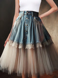 Getadme Women's Denim Skirt High Waist Denim Lace Tulle Patchwork A-Line Ruffled Tulle Pleated Midi Skirt 2025 Summer Y2k Fashion Skirt