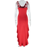 GETADME New Summer Sexy Red Ruffle Flower Evening Party Asymmetrial Dress V Neck Lace Up Sleeveless Chic Party Festival Sundress