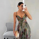 GETADME Sexy Hollow Out Party Dress, Women Summer Loungewear Fashion Printing Maxi Dress, Sleeveless Lace-Up Ladies Dress Vestido