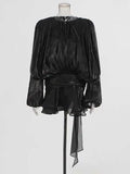 GETADME TWOTWINSTYLE Solid Blouse Mini Dresses For Women V Neck Long Sleeve Spliced Lace Up Sweet Style Dress Female Clothing Fashion
