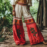GETADME Vintage Women Casual Loose Print Wide Leg Pants Ethnic Print Bohemian Long Pants Women Fashion High Waist Solid Long Trousers