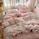 GETADME Ruffles Bedding Set Floral Style Duvet Cover Pillowcase with Bedsheet Skin-friendly Bed Linen Set Girls Room Bedclothes 이불세트