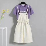 GETADME Summer Korean Fashion Striped T-shirt Overalls Set for Women Korean Leisure Joker Girls Student High Waist Shorts Clothing Sets