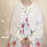 GETADME 카와이 로리타 크롭 니트 가디건, 하트 레이스 오픈워크 스프링 커버업, 일본식 빈티지 스타일 자외선 차단 스웨터 