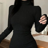 GETADME 유럽 및 미국 최신 봄 가을 터틀넥 롱 슬리브 타이트 백 힙 기질 드레스