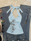 GETADME American Vintage Blue Rose Printed Camisole Vest for Women Summer Spicy Girl Slim Waist Streetwear Halter Top Y2k Aesthetic Vest